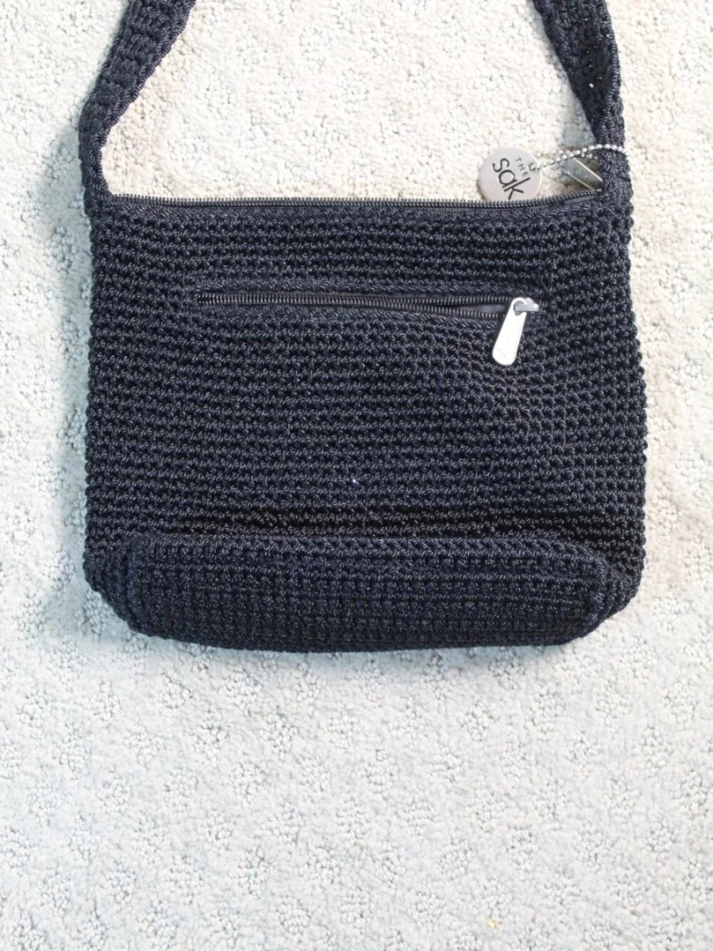 The Sak Black Handbag Shoulder Bag Purse Crocheted Nylon Strap Medium Size